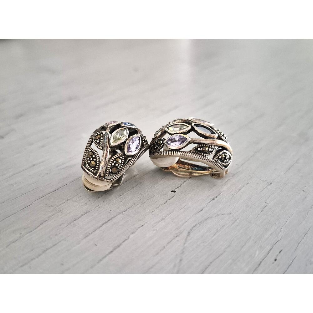 Vintage Sterling Silver Pastel Stone and Marcasite Clip On Earrings - Picture 2 of 5